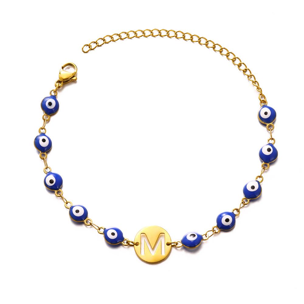 

Браслет из нержавеющей стали с подвесками в виде букв алфавита «Дьявольский глаз» с капельным маслом - Модный нишевый браслет Gold