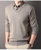Men's Faux Two-Piece Lapel Knit Sweater - Thermal Velvet Base Layer for Autumn/Winter