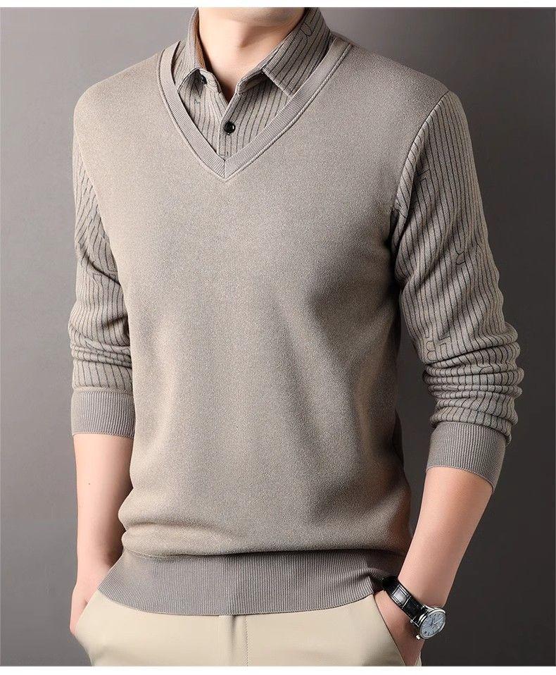 Men's Faux Two-Piece Lapel Knit Sweater - Thermal Velvet Base Layer for Autumn/Winter