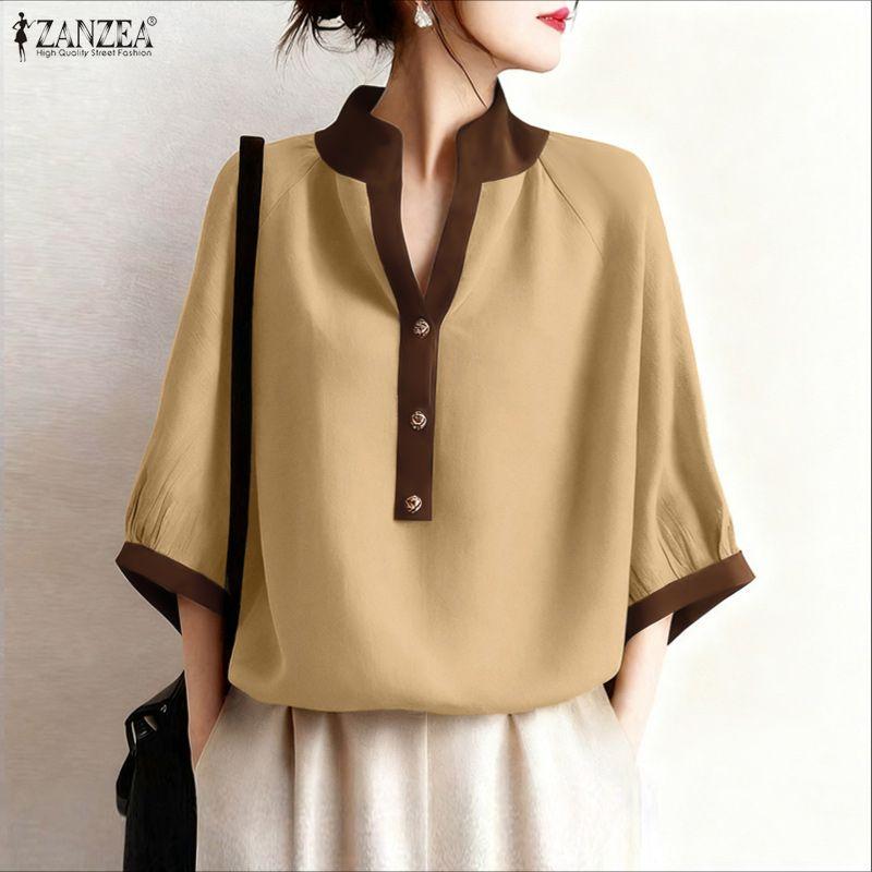 ZANZEA Women Casual V-Neck Half Sleeve Loose Blouse