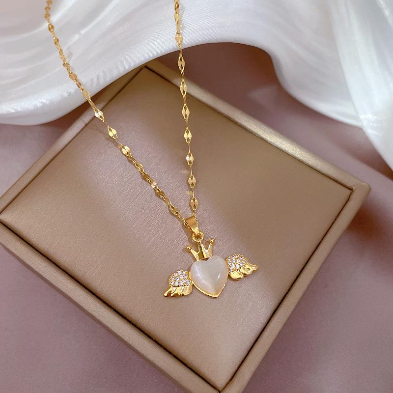 

Titanium Steel Light Luxury Micro-Inlaid Opal Angel Love Necklace Women S New Collarbone Chain Light Luxury Niche Design Sense