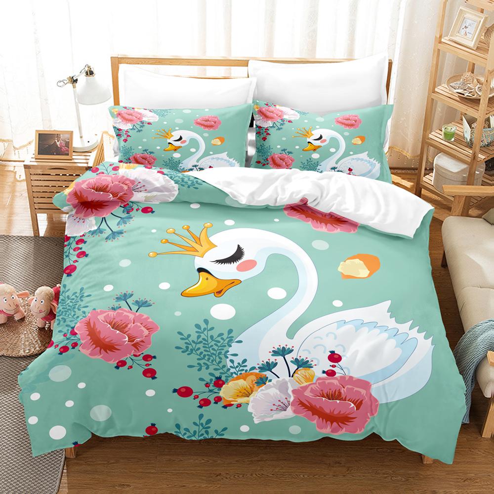 3D Printed Animals Swan Bedding Set Down Quilt Cover With Pillowcase Double SIngle King