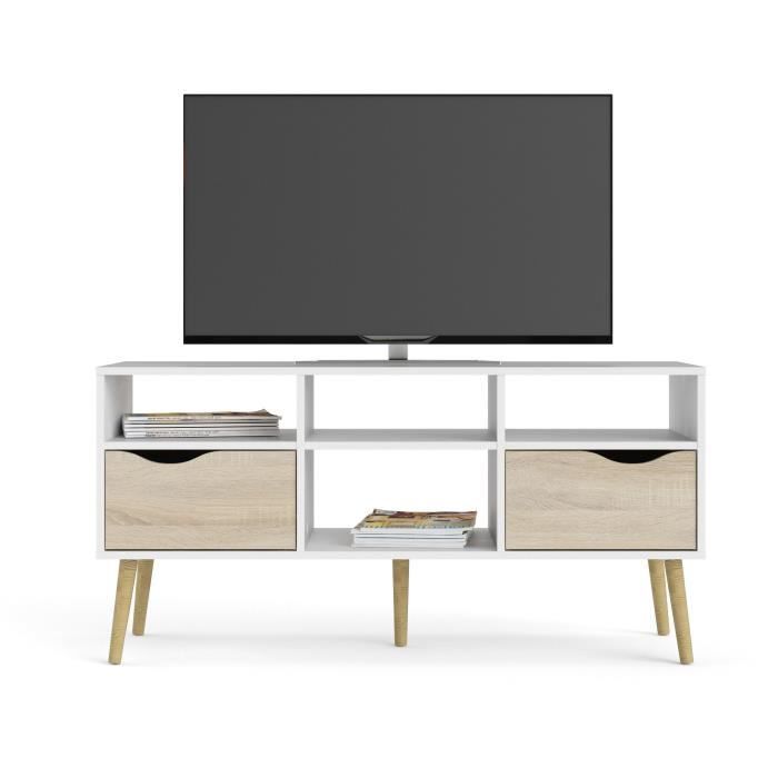 Meuble TV - 4 niches 2 tiroirs - Blanc / Chene - 117,2 x 39,1 x 57,4 cm ARO
