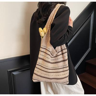 2025 New Cotton Thread Large-capacity Striped Shoulder Tote Bag Fashionable and Simple Knitted Bag Beach Vacation Bag