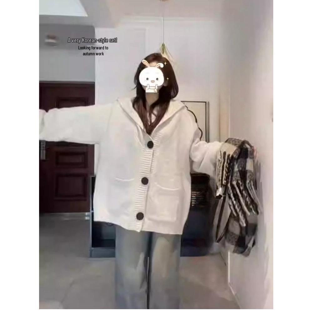 2024 High-End College-Style Hooded Pocket Cardigan: Autumn/Winter Loose Knit Sweater Coat