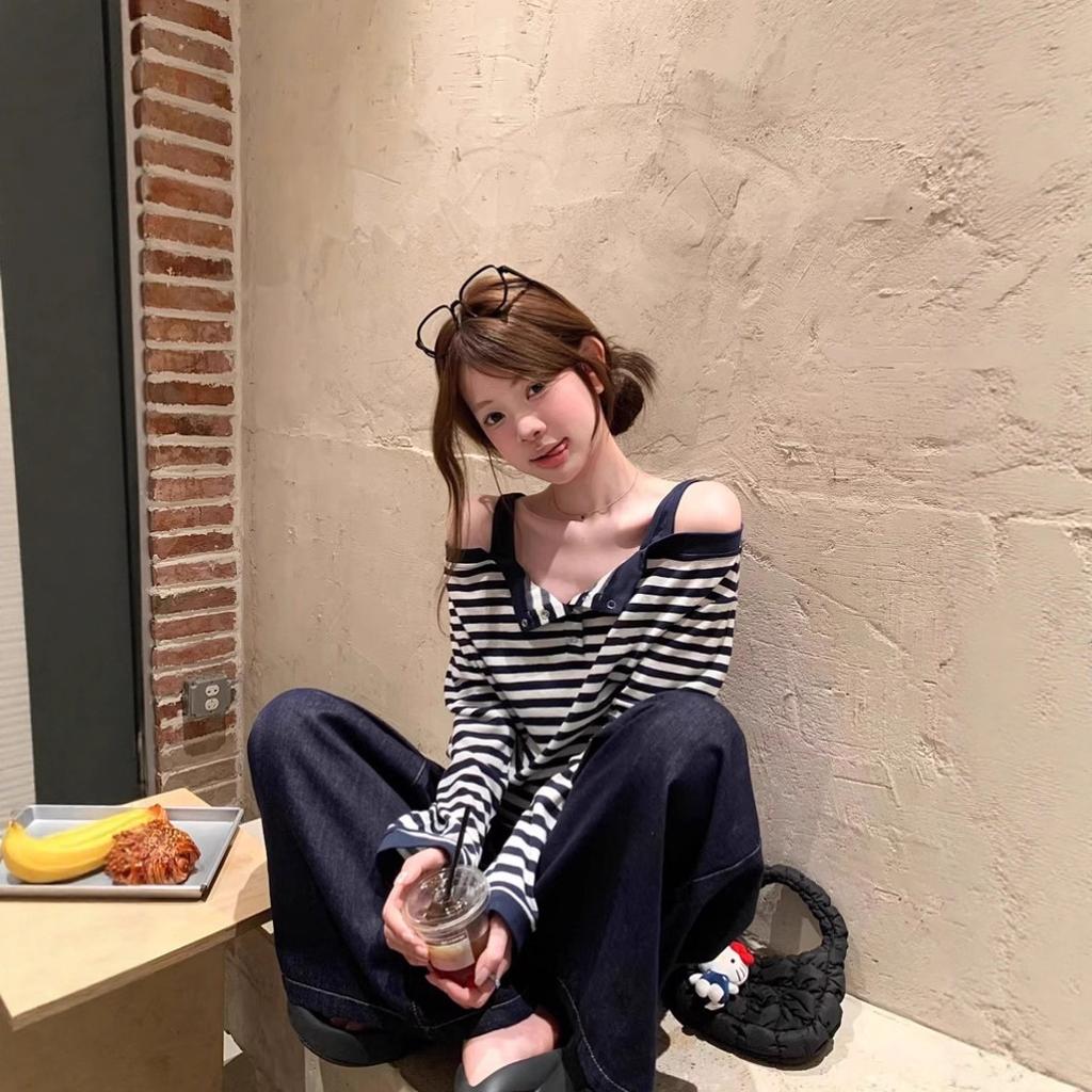 Lazy Wind Striped Semi-open Neck Off-shoulder Long-sleeved T-shirt Women's Autumn New Versatile Loose and Thin Top
