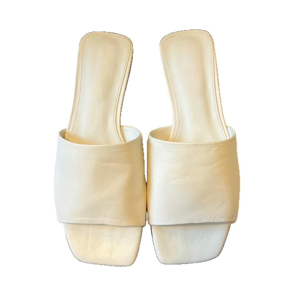 Cowhide Version~ Korean Simple Square Head Flat Bottom Comfortable Open-toed One-word Slippers Women Wear 2025 Summer Cool Slippers
