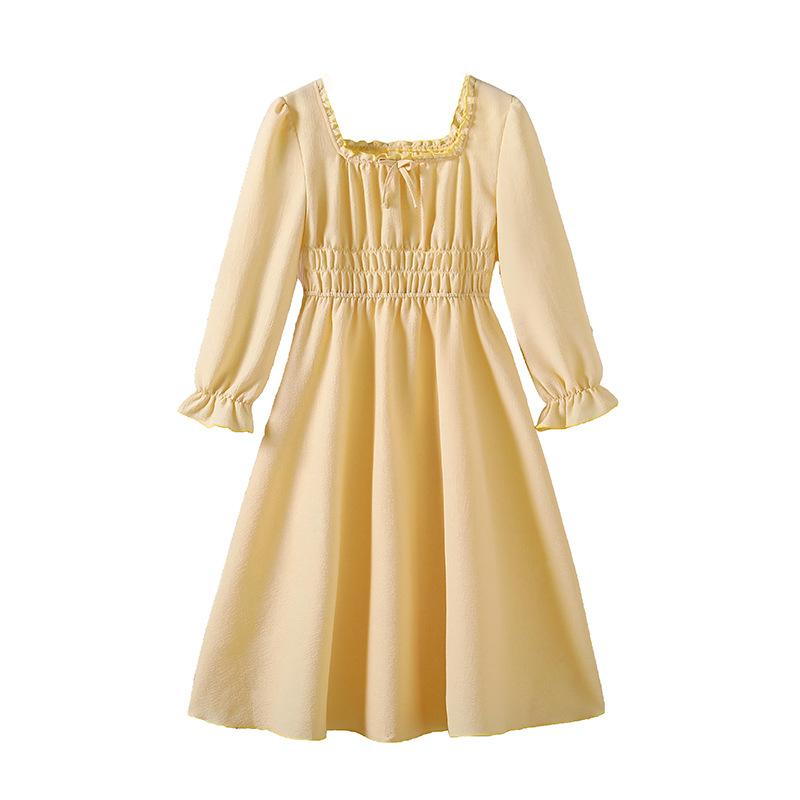 Girls' Yellow Dress: Fall Children's Square-Neck Elastic Waist Princess-Style Elegant Dress