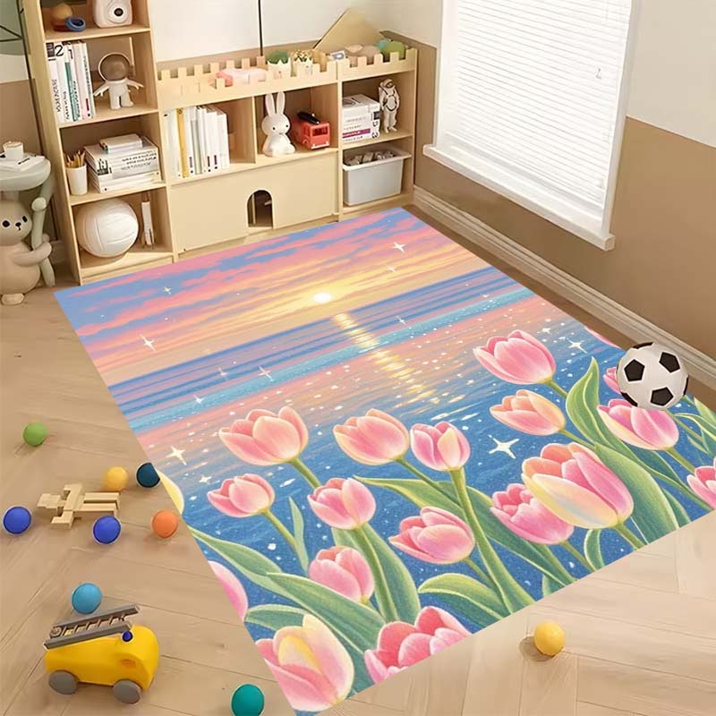 Luxurious Vintage Tulip Floral Pattern Floor Mat, Non-slip, Machine Washable, Suitable for Living Rooms, Bedrooms, and Home Déco