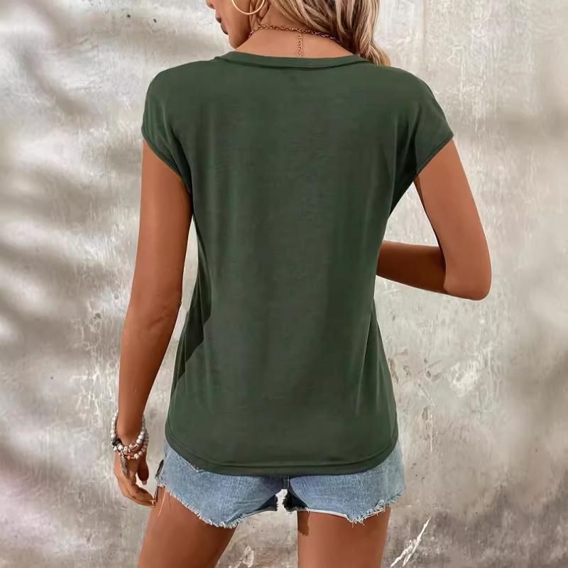 Solid Color Versatile Women's Short Sleeve Pullover Top 2026 Summer Casual Loose V-Neck T-Shirt