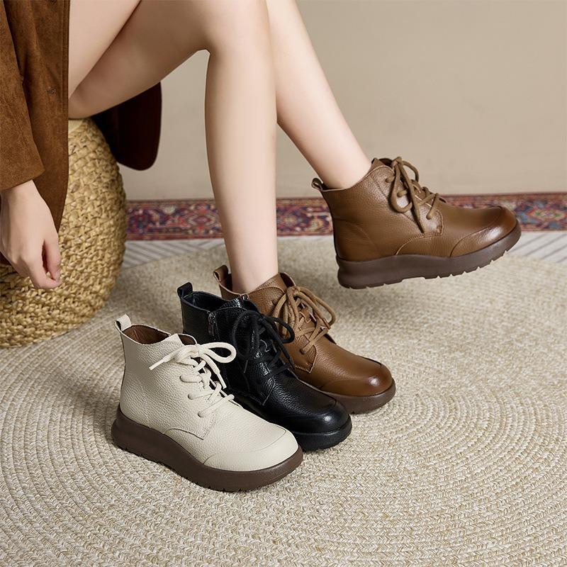 First layer cowhide autumn and winter leather Martin boots women's round head lace-up zipper retro casual shoes women