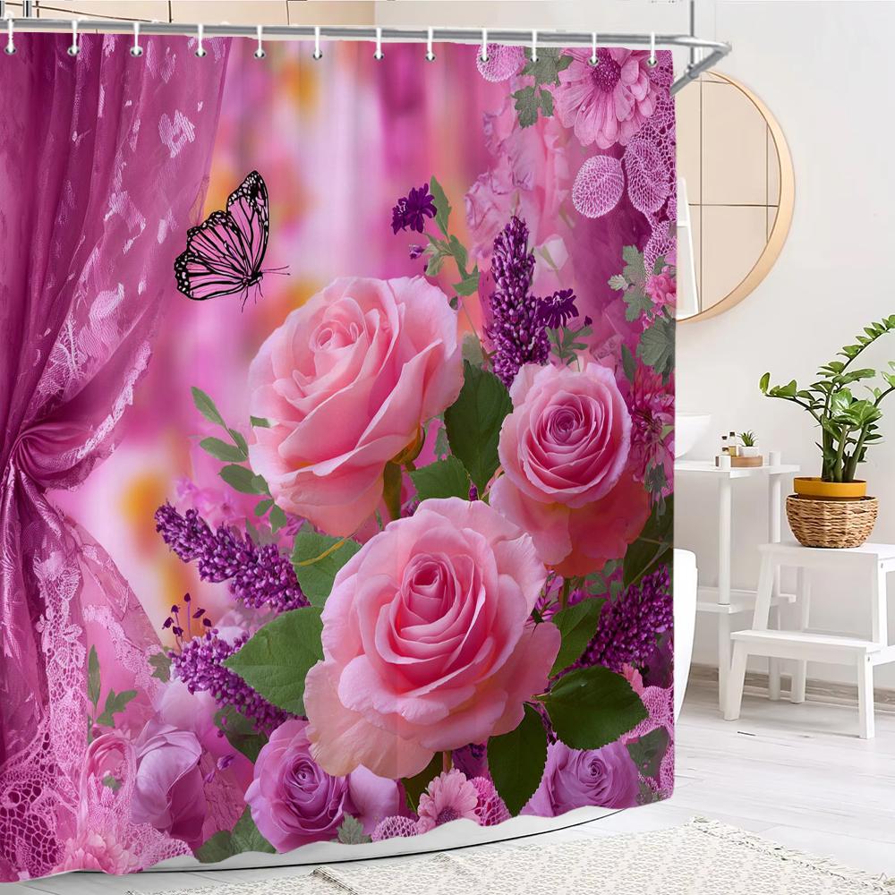 Pink Rose Butterfly Shower Curtain,Flowers And Plants Shower Curtain,Flowers Printed Polyester Fabric Bathroom Decor Curtain