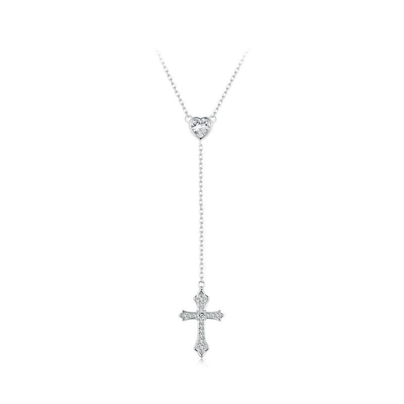 BAMOER 925 Sterling Silver Delicate Heart-shaped Pendant Necklace Y-shaped Cross Chain Necklace for Women Party Dainty Fine Jewelry Gift