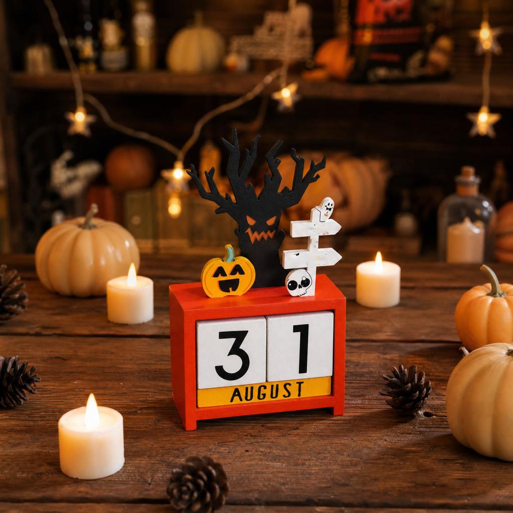 Halloween Wooden Calendar with Pumpkin Lights - Tabletop Decor for Seasonal Store