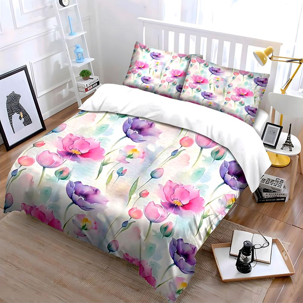 Watercolor Floral Pastel Pattern Bedding Duvet Cover Set Duvet Cover Pillowcases (1*Duvet Cover 2*Pillowcases, Without Duvet Insert)