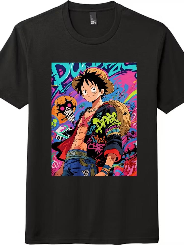 

One Piece Tee Black|Monkey D.Luffy Graffiti Print for Anime Fans Casual Wear 4XL