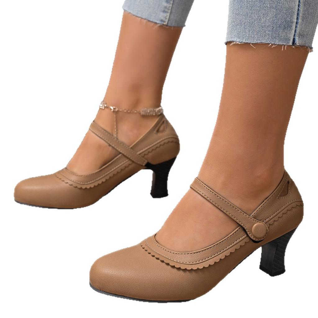 New women's retro Mary Jane high heels large size thick heel lace round head high heels single shoes