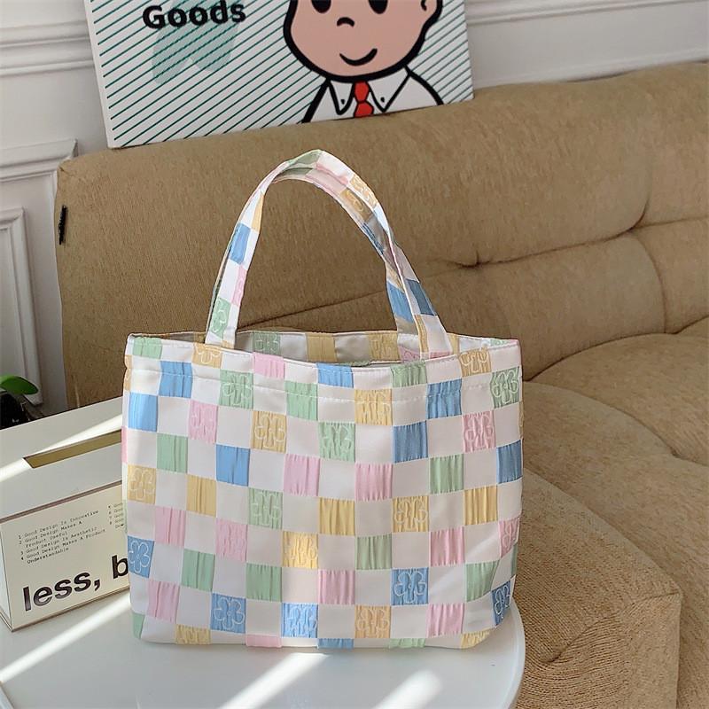 Trendy Color Block Canvas Lunch Bag Fashionable Street Style Soft Tote Handheld