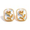 Yhpup French Style Stainless Steel Enamel Pearl Square Flower Stud Earrings PVD Plated Trendy Gold Color Attractive Jewelry
