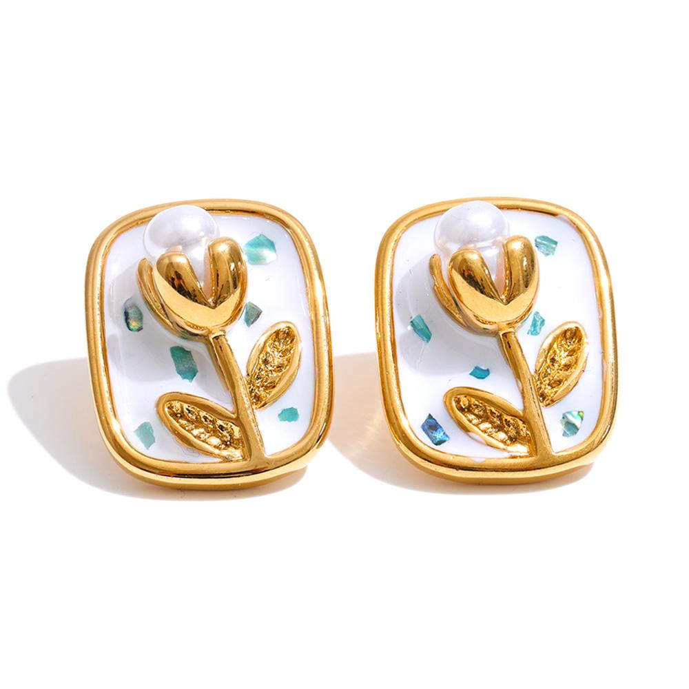 

Yhpup French Style Stainless Steel Enamel Pearl Square Flower Stud Earrings PVD Plated Trendy Gold Color Attractive Jewelry