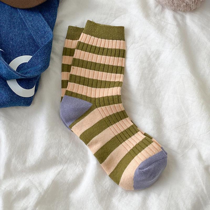 Socks Women Autumn Spring Korea Style Harajuku Street Sport Cotton Stripes Casual Skateboard Mid-tube Sock