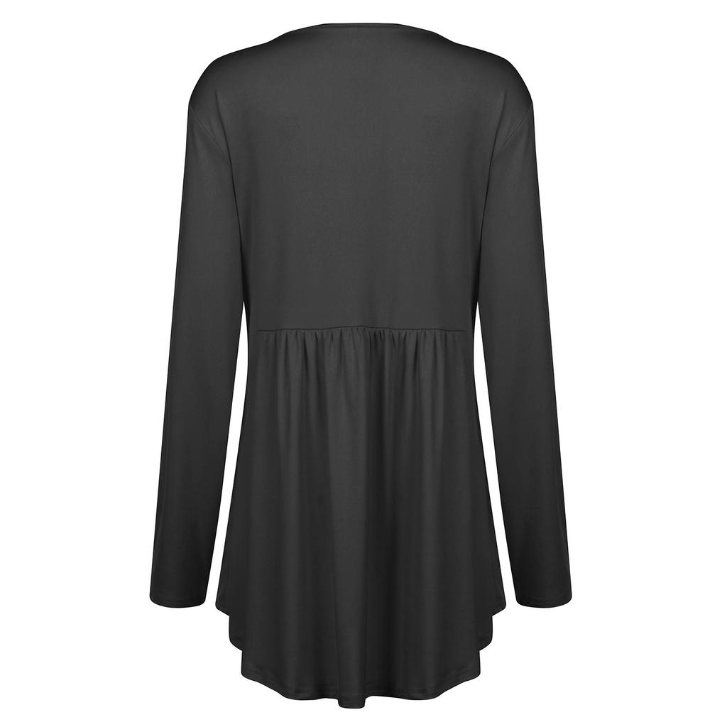 Women's Large Size Casual Color V-neck Buttoned Waist And Large Hem Stitching Long-sleeved Loose T-shirt Top