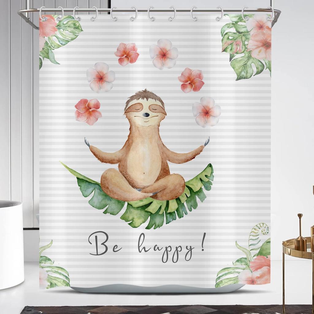 Funny Tree Otter Yoga Rose Flower Shower Curtain 180x 210cm Tropical Green Leaves Washable Waterproof Shower Curtain