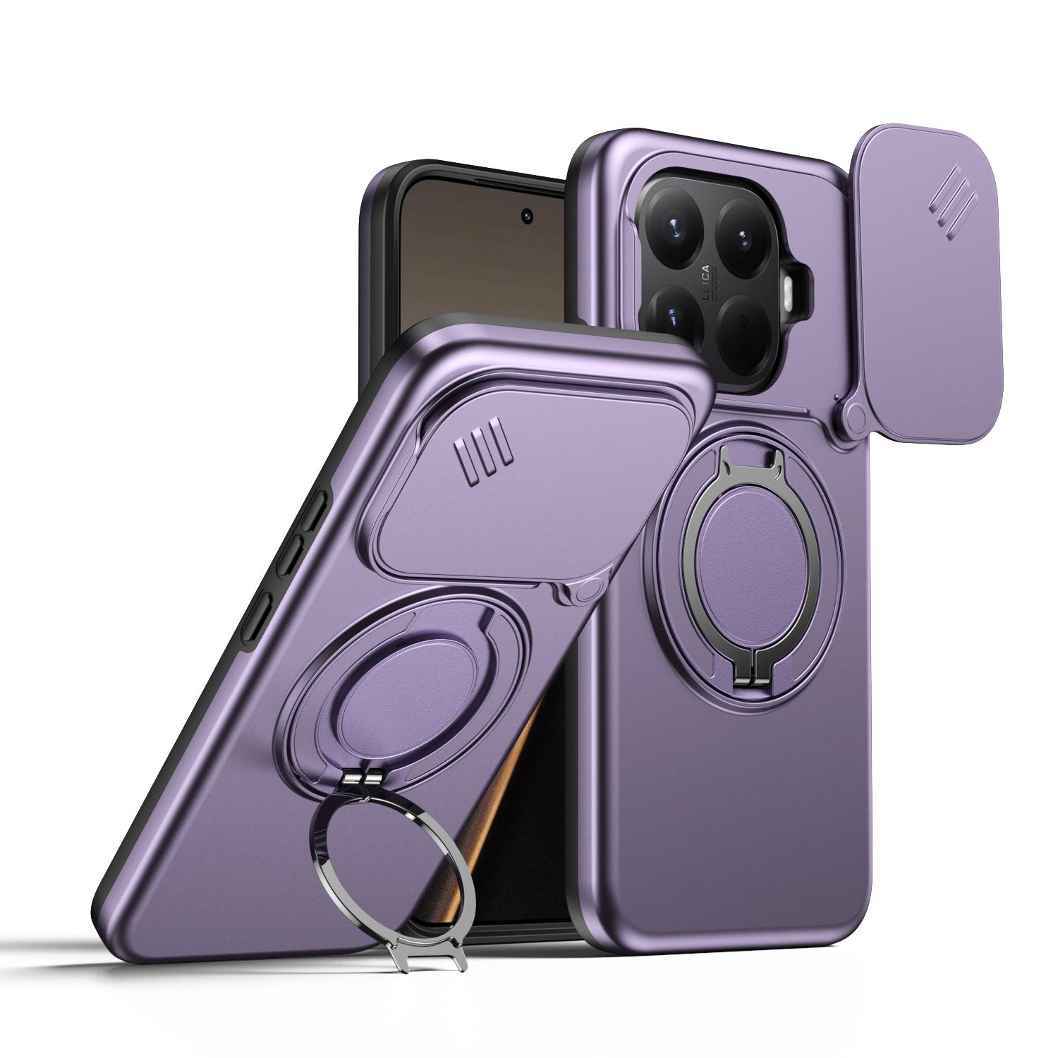 

Sliding Camera Cover Armor Shockproof Case For Xiaomi 15T Pro 5G Metal Ring Stand TPU Frame Hard Plastic Shield Coque Fundas For Xiaomi 15T фіолетовий