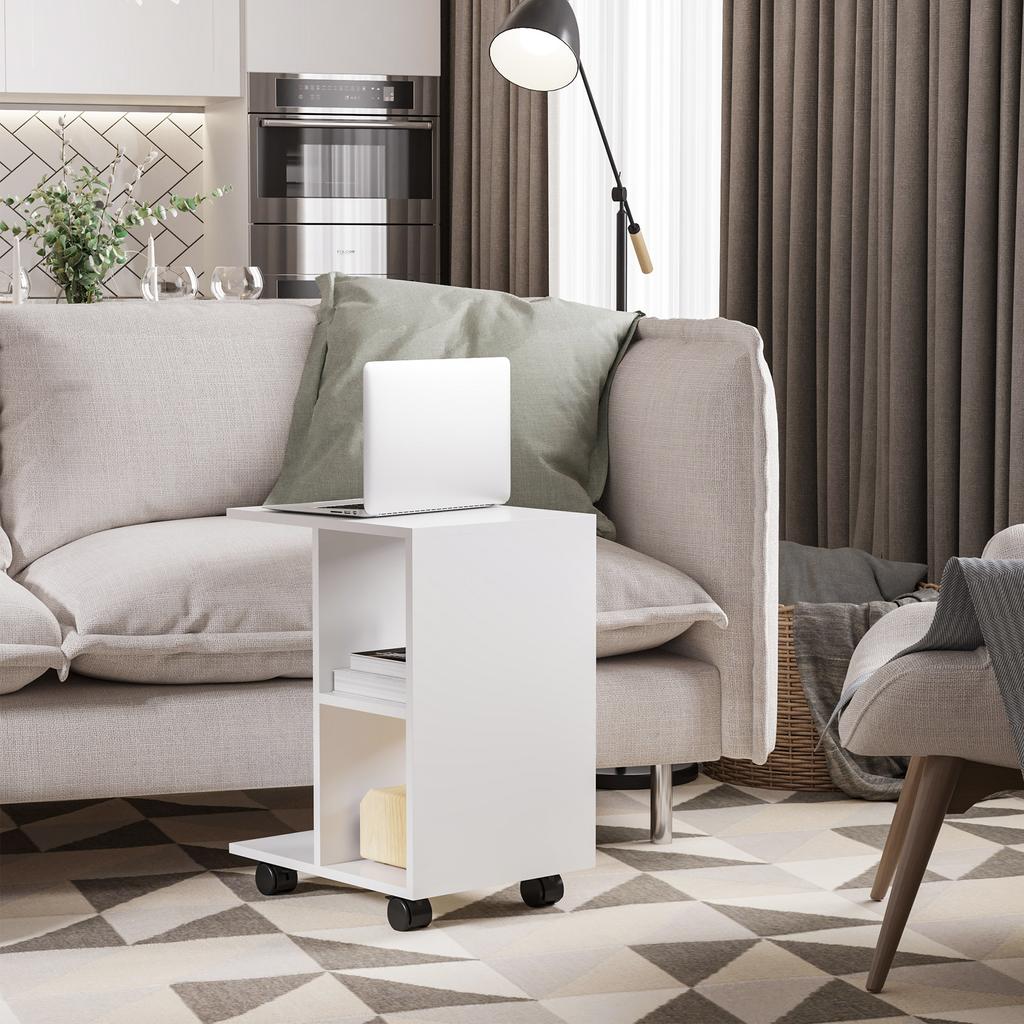 Side Table With Wheels C Shaped Sofa Table With Open Shelves For Living Room 45x35x58 Cm White