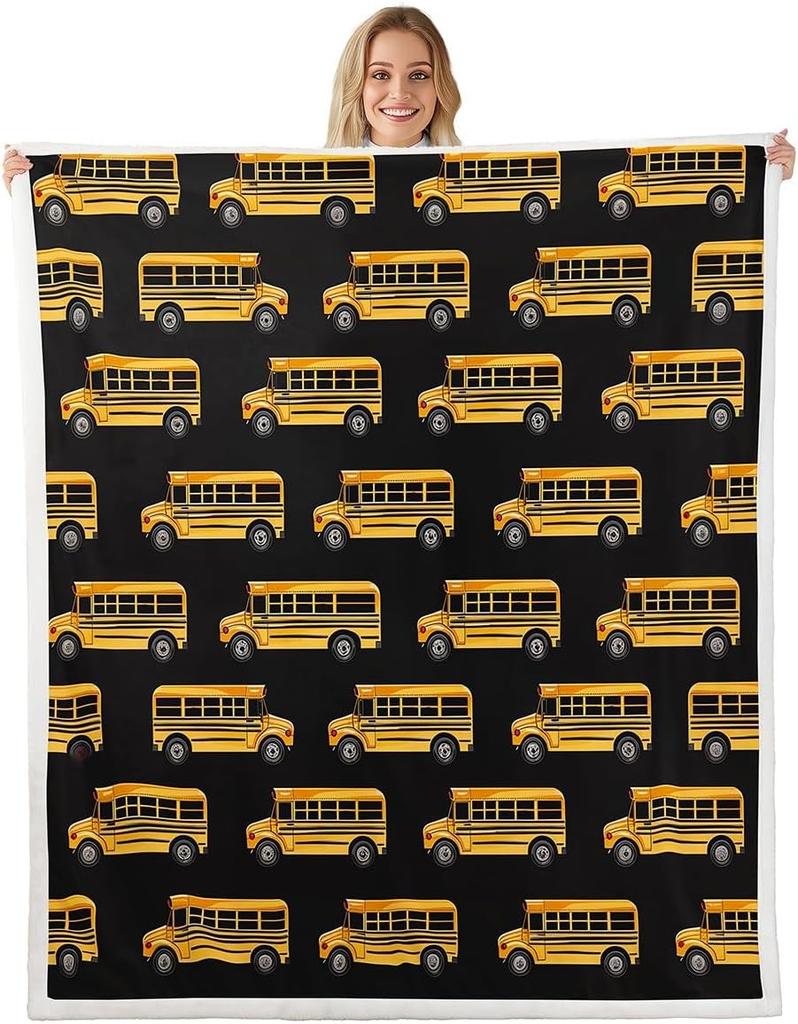 School Bus Blanket Yellow Bus Pattern Fleece Throw Kids Room Decor Back to School Theme Cozy Bed Cover