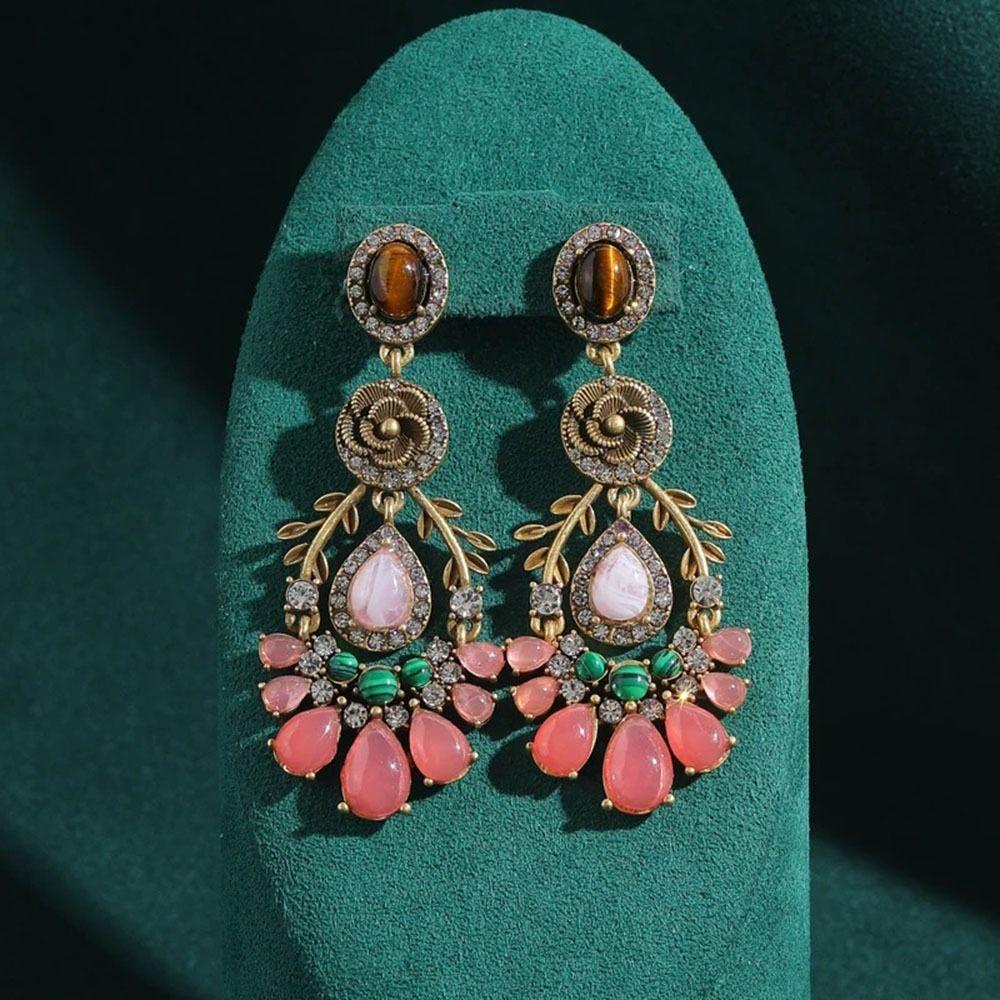 Inlayovaný kamínkový květinový náhrdelník Náušnice Trendy klíční kost řetízek Růžový kapkovitý náhrdelník Dámský