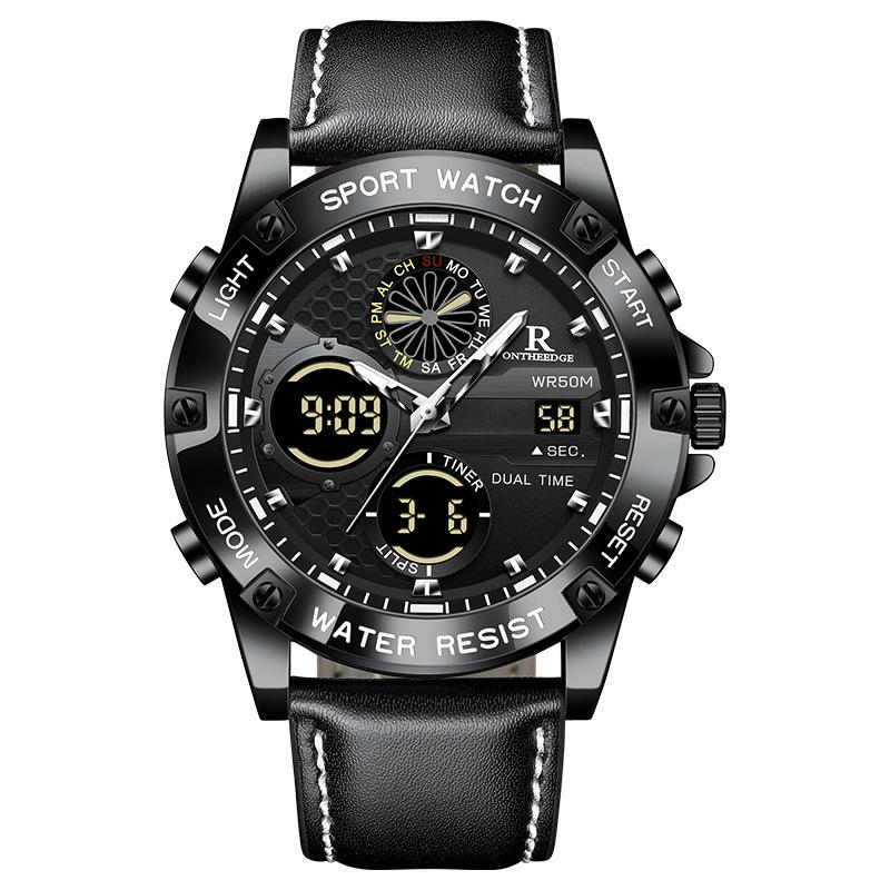 Men's Waterproof Dual-Display Leather Quartz Watch - Trendy, Multifunctional, Round Dial, Electronic Student Edition