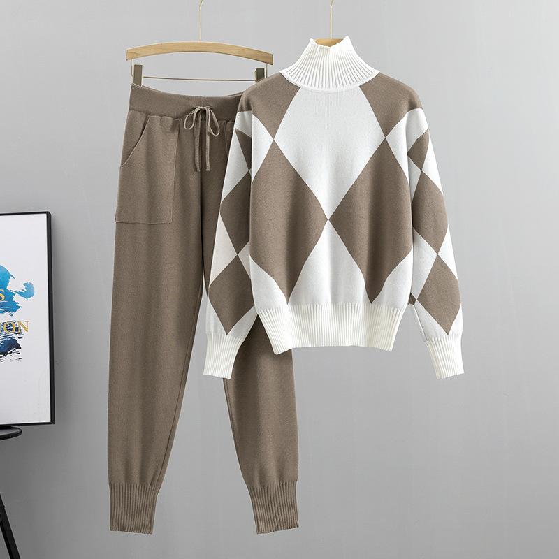 Fashion Suit Women's Casual Knitted Plaid Sweater Two-piece Set