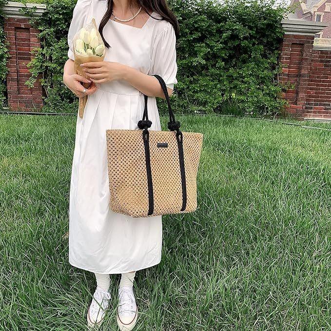 Ielgy Straw Beach Bag Women's Vacation Woven Tote Bag Large Size One-Shoulder Machine Woven Portable Straw Bag