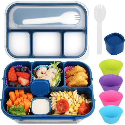 Set Bento Box da 7 pezzi per adulti e bambini, contenitore per il pranzo con 4 scomparti, utensili, barattolo per salse, muffin