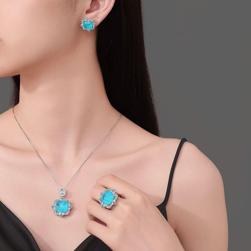 925 Sterling Silver Fashion Luxury Sea Blue Zircon Ring Earrings Necklace Set Birthday Party Anniversary Gift
