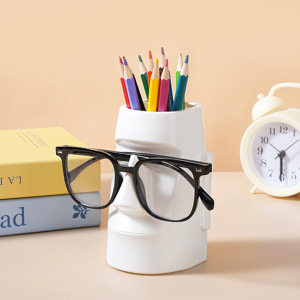 Moai Statue 2-In-1 Pen Holder Stationery Storage Glasses Stand Desk Organizer for Home Office Decoration Makeup Brush Storage