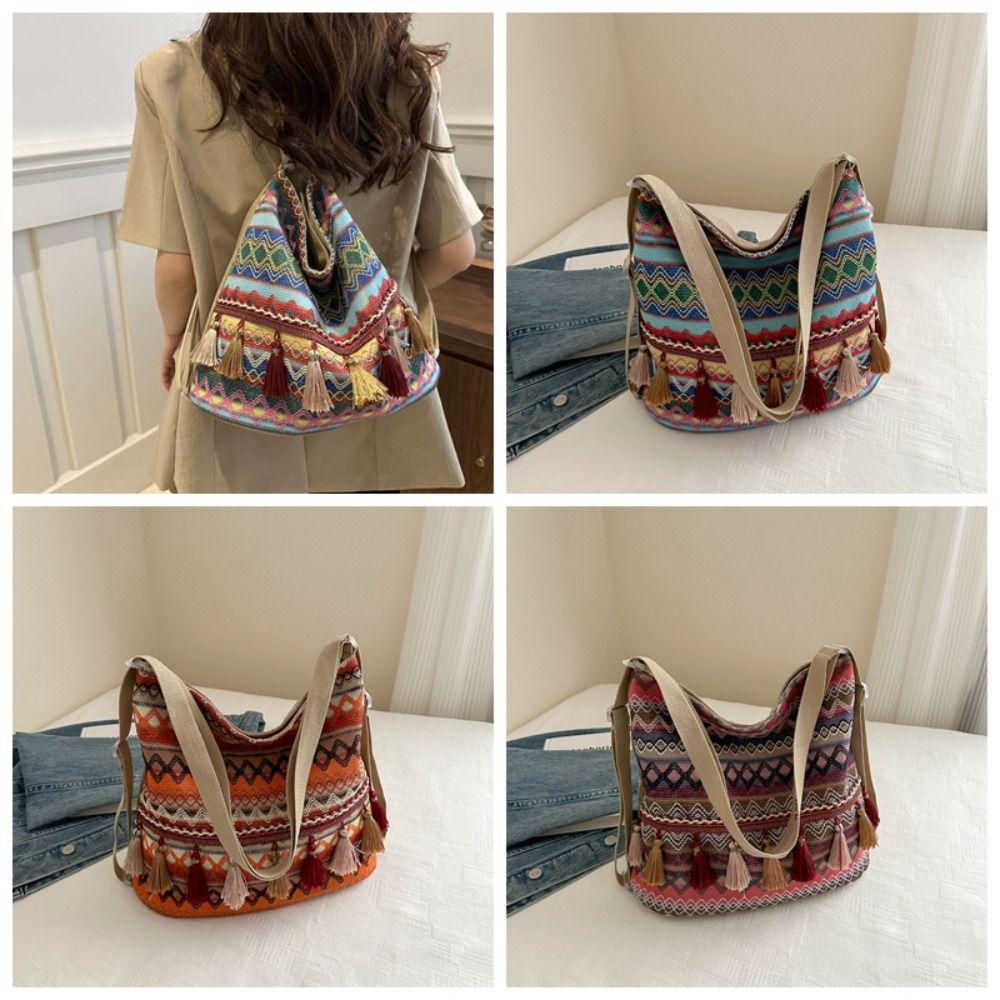 Woven Ethnic Style Backpack Tassel Bohemian Shoulder Bag Portable Fringe Shoulder Bag Outdoor