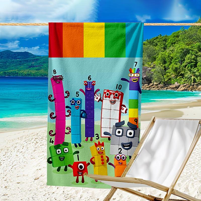 1pc 3D-Number-Blocks-Cartoon Beach Towel, Sports Cape, Beach and Seaside Swimming Pool Equipment, Fashion Pattern, Rectangular, Travel Essentials