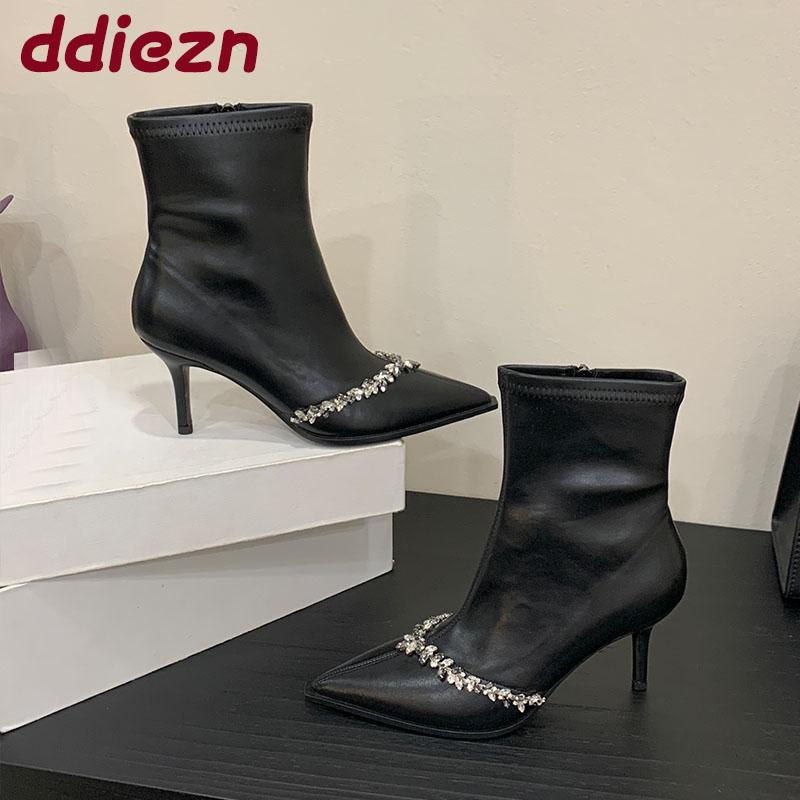 Fashion Fashion Rhinestones Women Ankle Modern Boots Thin Heels Shoes Pointed Toe Ladies Short Boots Zippers Shoes Female Pumps lady