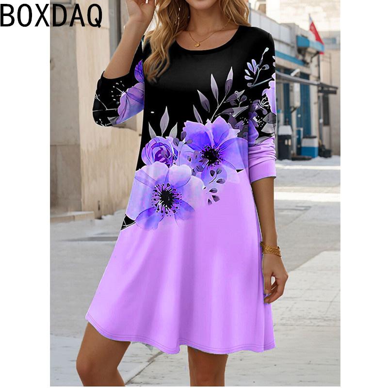 New Elegant Floral Print Long Sleeve Dress Big Size Women Casual Loose A-line Dress Vintage Boho Holiday Dress