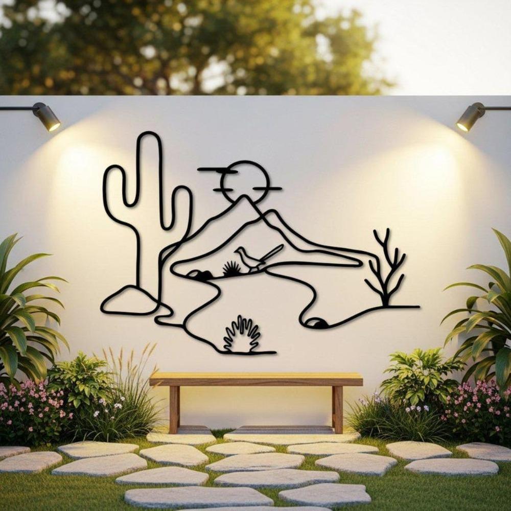 Metal Cactus Wall Art Desert Landscape with Roadrunner Southwest Home Decor
