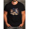 European Size Plus Size Casual Polyester T-Shirts for Men, Crew Neck with Slight Stretch, Summer Graphic Tee with Cats Playing Dungeons Dragons Print