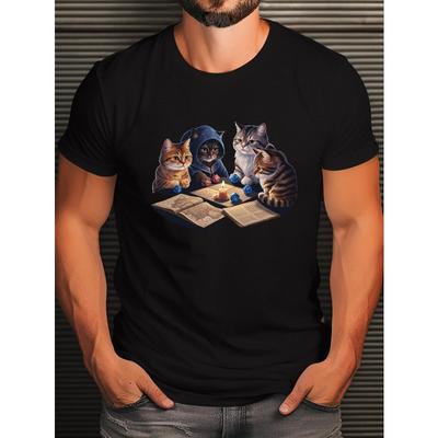 T-shirts décontractés en polyester grande taille pour hommes, col rond avec légère élasticité, t-shirt graphique d'été avec impression de chats jouant à Donjons et Dragons