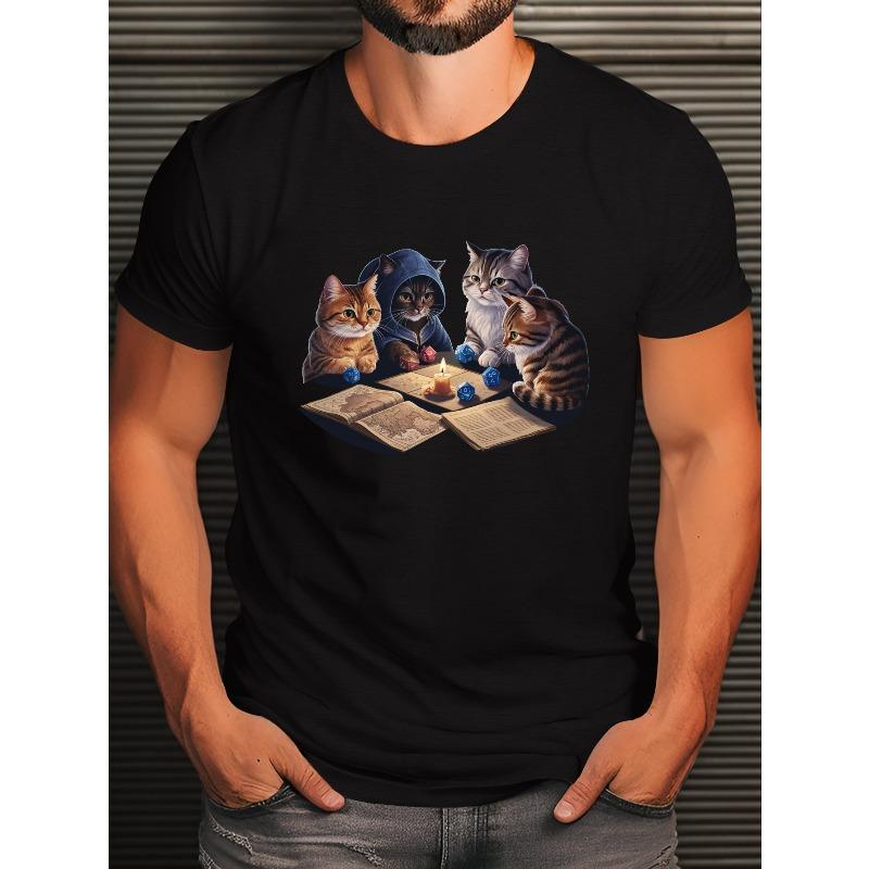 

European size Plus Size Casual Polyester T-Shirts for Men, Crew Neck with Slight Stretch, Summer Graphic Tee with Cats Playing Dungeons Dragons Print S чорний