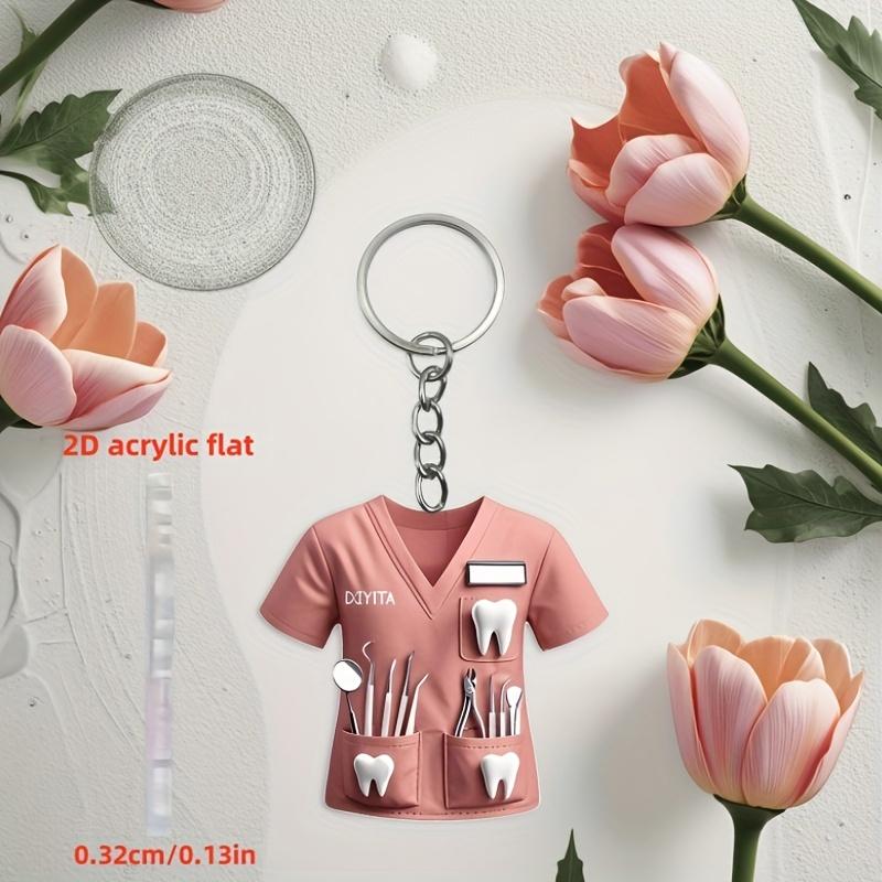 2D Acrylic Dentist Keychain Charming Pink Costume Design with Dental Tools, Waterproof Acrylic, Ideal Gift for Female Dental Professionals