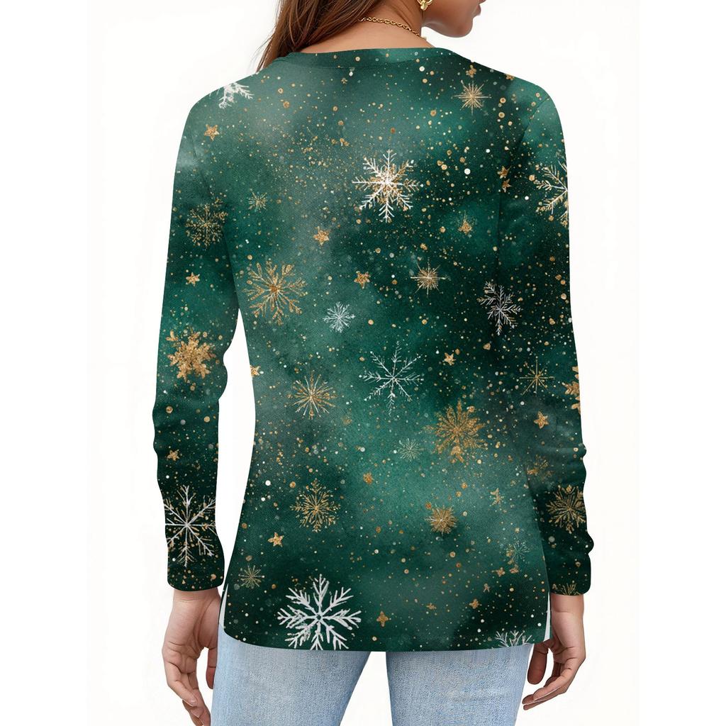 Women's Fashion Casual H Printed V-Neck Long Sleeve Decorative Button T-Shirt Tops