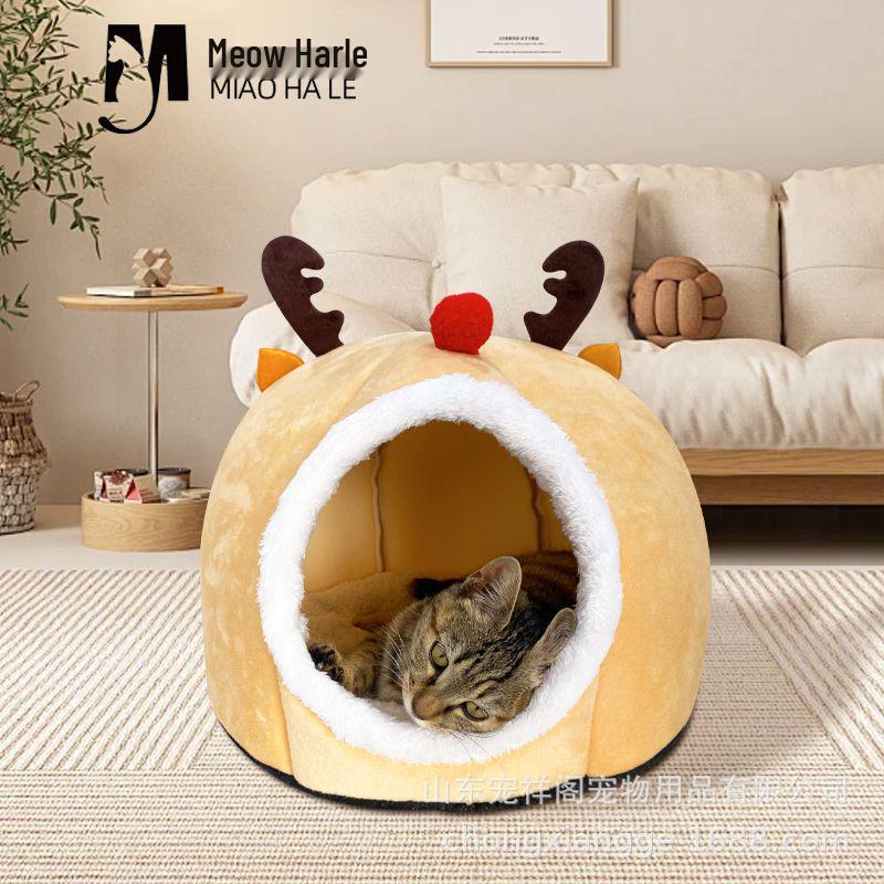 Cozy Deer Cat Nest: Thickened, Semi-Enclosed Pet Bed