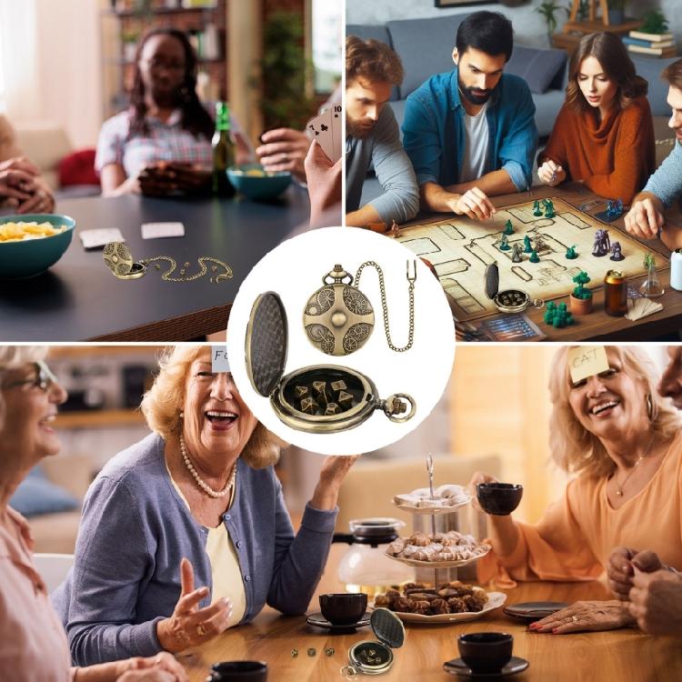 Unique Pocket Watch Case with 7pcs/set Metal Polyhedral Dices Pendant Fob Chain