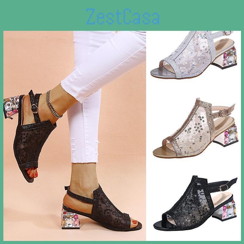 Rhinestone Women Summer Ladies Sandals Buckle Lace Mesh Beach Heel Shoe